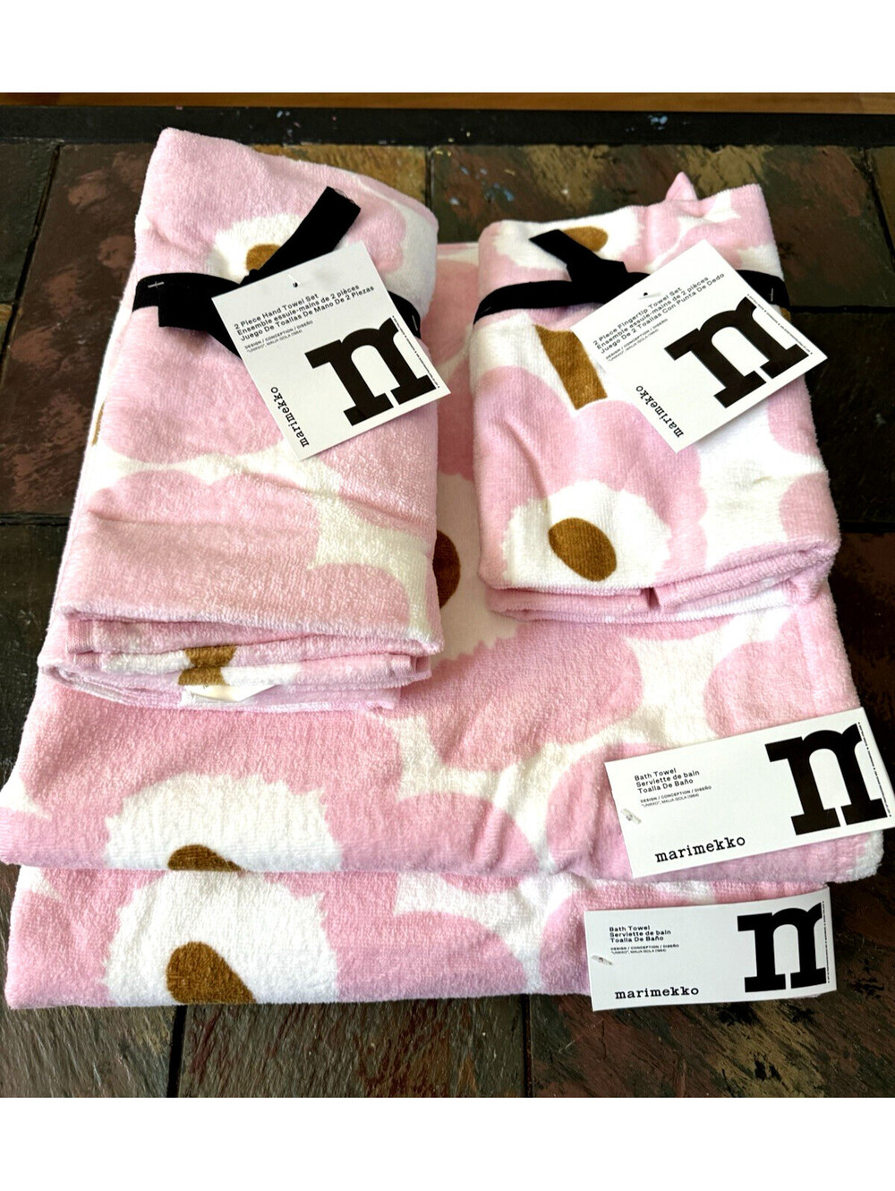 Marimekko Unikko Pink White Cotton 2 Bath 2Hand 2Fingertip Towel Set 6pc